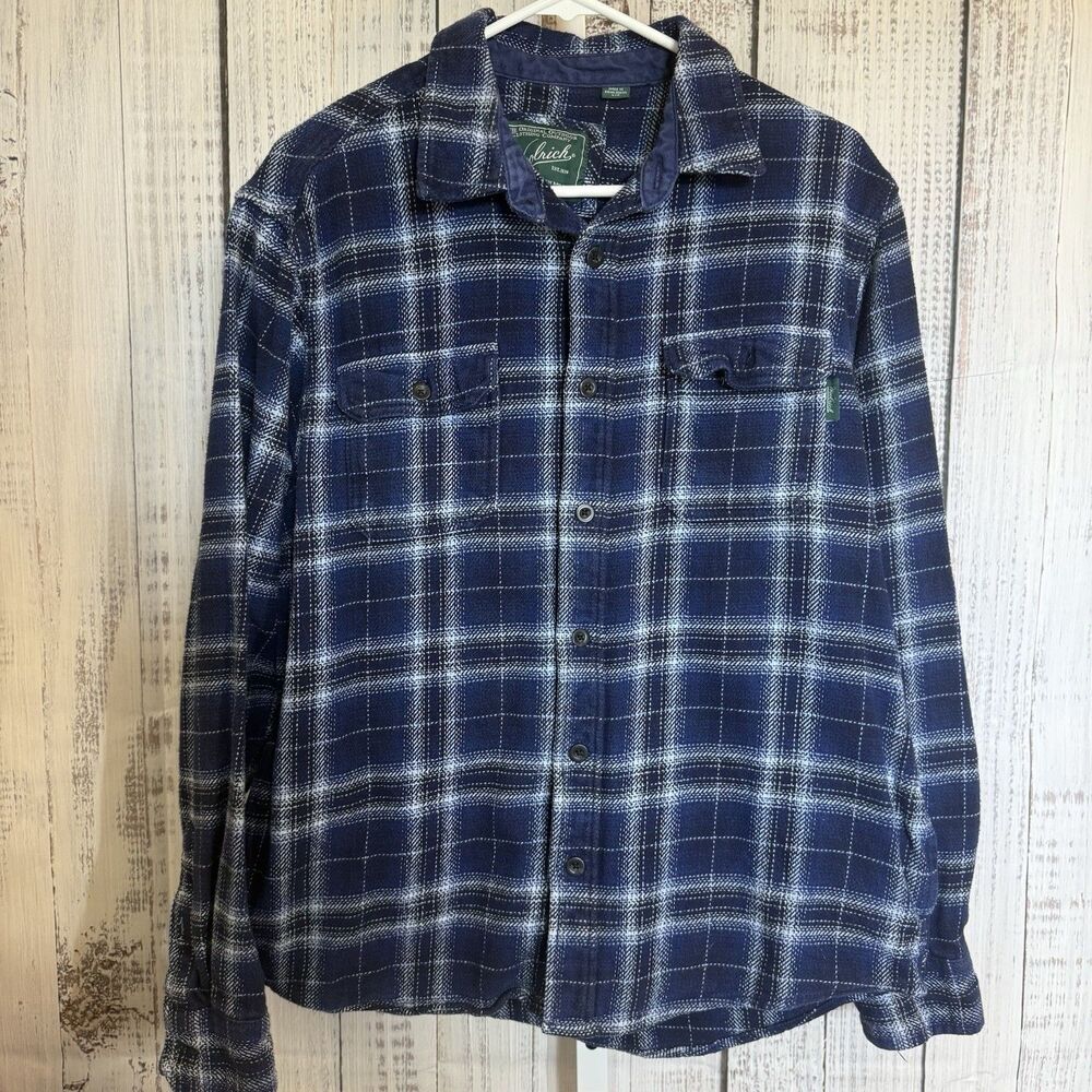 Woolrich Men’s Flannel Shirt Size Large Blue Plaid 100% Cotton Long Sleeve